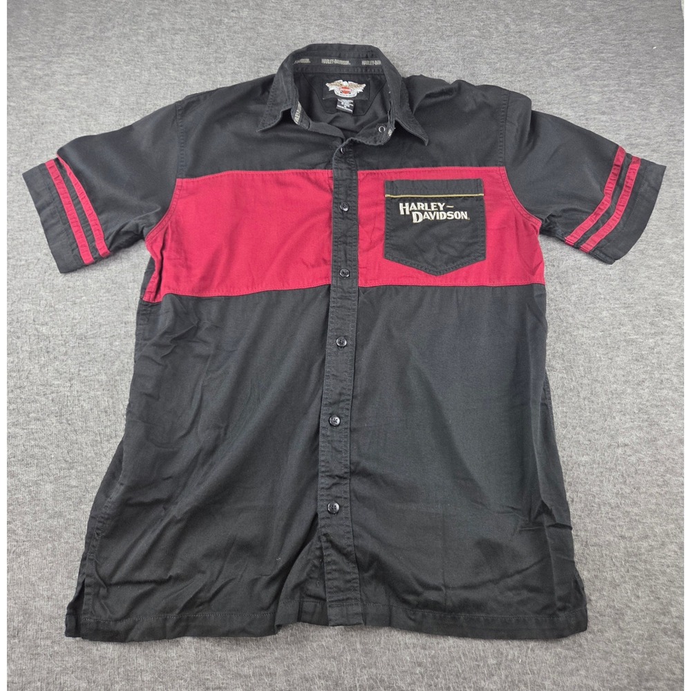 Harley-Davidson Button Up Mens M Black Red Colorblock Graphic Biker Shirt 0085